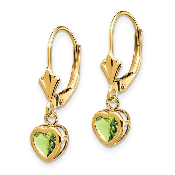 14k Yellow Gold 5mm Heart Peridot August Birthstone Ladies Earrings - Picture 2 of 4